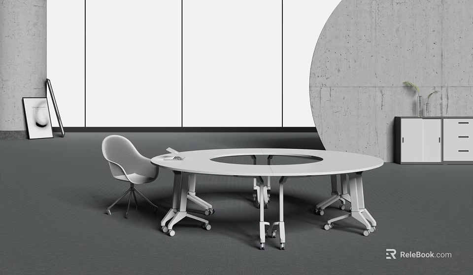 Round White Conference Table With Chairs In Office Gray Carpet Setting 3d model