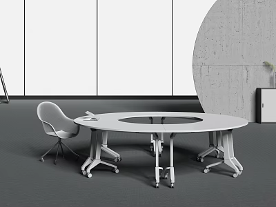 Round White Conference Table With Chairs In Office Gray Carpet Setting 3d model