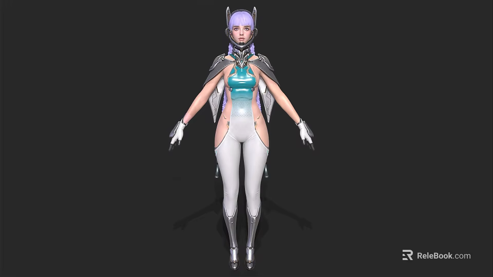 Futuristic Woman With Purple Hair In Blue Top And White Leggings With Winged Shoulders 3d model