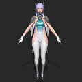 Futuristic Woman With Purple Hair In Blue Top And White Leggings With Winged Shoulders 3d model