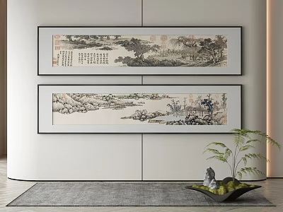 Traditional Chinese Landscape Paintings Hung On Wall In Modern Interior With Plant Decoration 3d model
