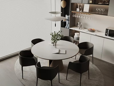 Modern Round Dining Table Set With Black Chairs White Top And Vase In Open Kitchen 3d model