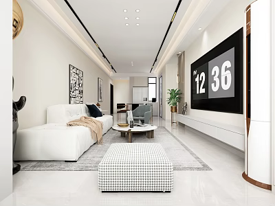 Modern Living and Dining Room with White Sofa TV Unit and Dining Table 3d model