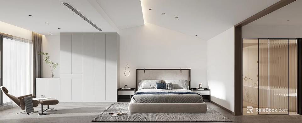 Modern Bedroom Interior With White Walls Recessed Ceiling Lights Wardrobe Bed And Headboard On Rug 3d model 