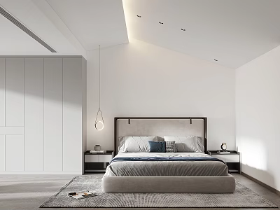 Modern Bedroom Interior With White Walls Recessed Ceiling Lights Wardrobe Bed And Headboard On Rug 3d model
