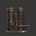 Industrial Equipment Featuring Two Tall Cylindrical Towers Rusty Surface And Connected Metal Pipes