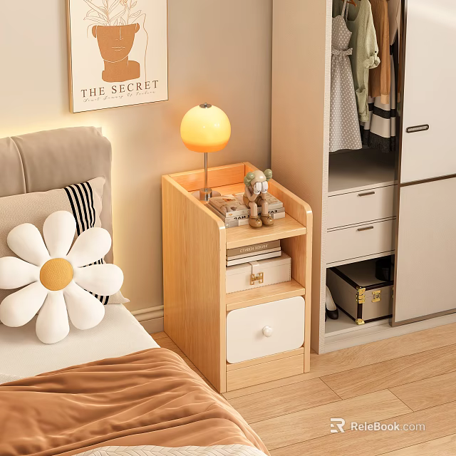 Light Wood Bedside Table With Drawer Shelf Yellow Lamp Small Toy And White Flower Pillow 3d model 