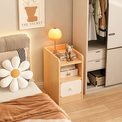 Light Wood Bedside Table With Drawer Shelf Yellow Lamp Small Toy And White Flower Pillow 3d model