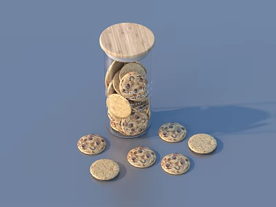 Glass Jar With Wooden Lid Filled With Chocolate Chip Cookies And Scattered Around 3d model