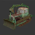 Old Rusty Green Tracked Excavator Featuring Metal Bucket And Vintage Cab