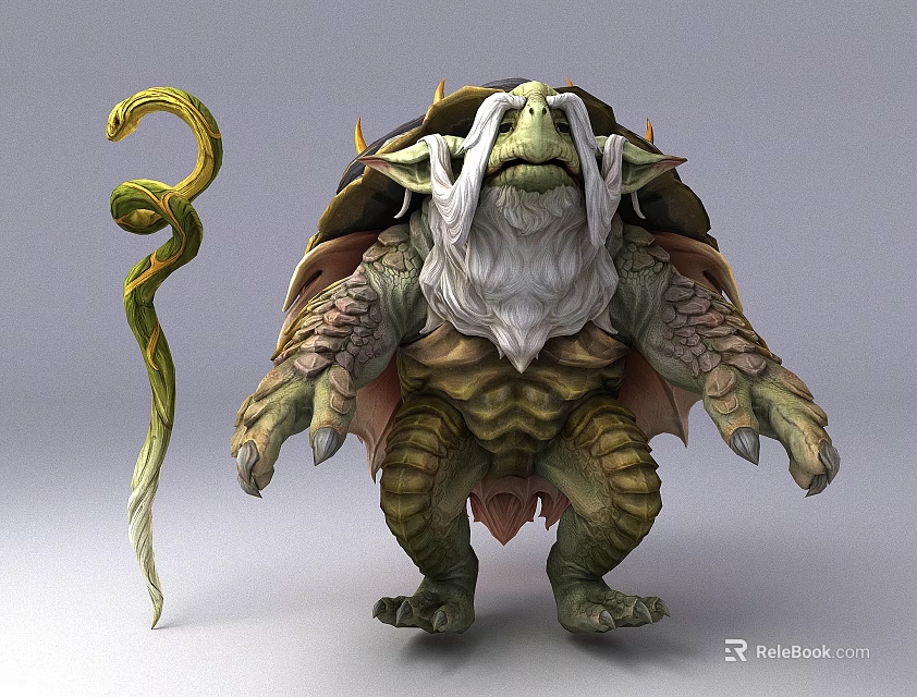 Reptile Creature With Turtle Like Shell Muscular Body White Beard And Curved Staff 3d model 