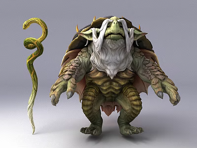 Reptile Creature With Turtle Like Shell Muscular Body White Beard And Curved Staff 3d model