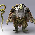 Reptile Creature With Turtle Like Shell Muscular Body White Beard And Curved Staff
