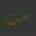 Wooden Garden Bridge With Rustic Rope Railings And Decorative Support Posts