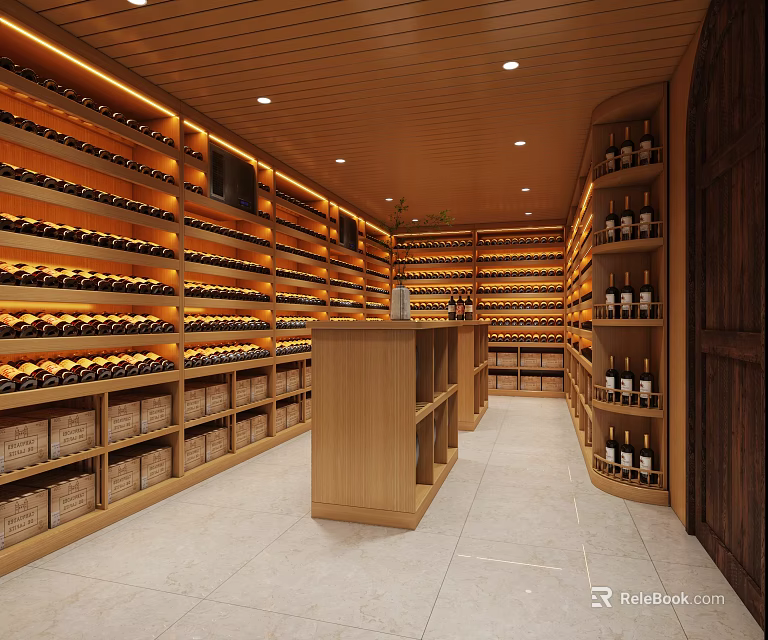 Modern Neat Wine Cellar With Wooden Racks Filled Wine Bottles Central Counter Light Strips 3d model 