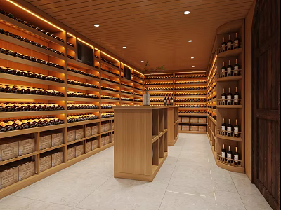 Modern Neat Wine Cellar With Wooden Racks Filled Wine Bottles Central Counter Light Strips 3d model