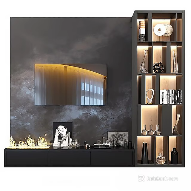 Modern TV Background Wall with Dark Textured Mounted TV Black Cabinet and Lit Shelving Unit 3d model 
