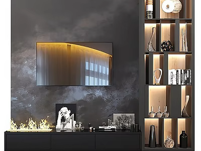 Modern TV Background Wall with Dark Textured Mounted TV Black Cabinet and Lit Shelving Unit 3d model