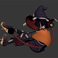 Wizard Character In Orange Robe With Purple Hat And Small Creature Companion Holding Bell Staff