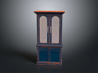 Vintage Wooden Cabinet With Blue Doors Orange Top And Glass Front Panels 3d model