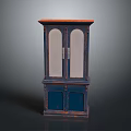 Vintage Wooden Cabinet With Blue Doors Orange Top And Glass Front Panels