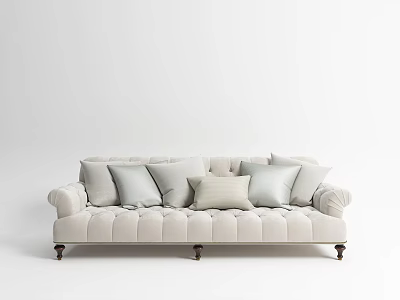 Beige Tufted Velvet Multi Seat Sofa With Multiple Light Gray Cushions Curved Armrests Wooden Legs 3d model