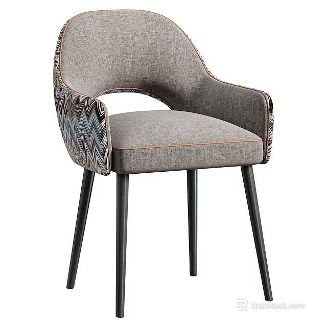 Modern Fabric Dining Chair With Geometric Pattern Armrests And Black Wooden Legs 3d model 