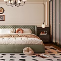Elegant Bedroom Interior Design With Green Upholstered Bed Chandelier And Black White Rug