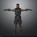 Male Sci Fi Character With Black Outfit Blue Accents And Arm Guards Standing Pose