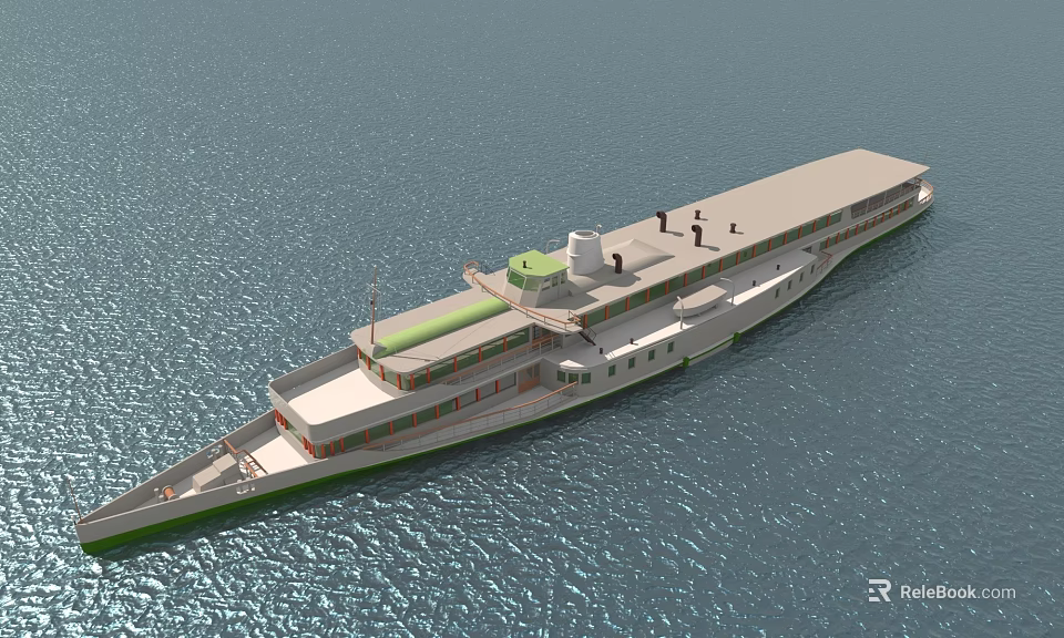 Large White Ship With Green Roof Sailing On Blue Sea With Multiple Decks 3d model 