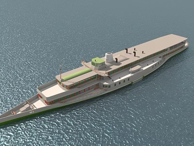 Large White Ship With Green Roof Sailing On Blue Sea With Multiple Decks 3d model