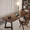 Wooden Desk with Laptop Vintage Radio Flower Vase Wooden Chair near Floor Lamp Curtain Bookshelf