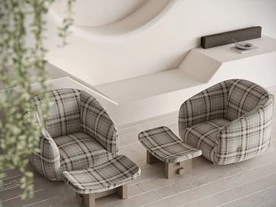Plaid Pattern Single Sofa With Ottoman In Modern Minimalist Living Room Design 3d model
