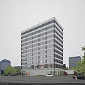 Modern High Rise Residential Building With Glass Windows Surrounded By Trees Cars And Blue Sky