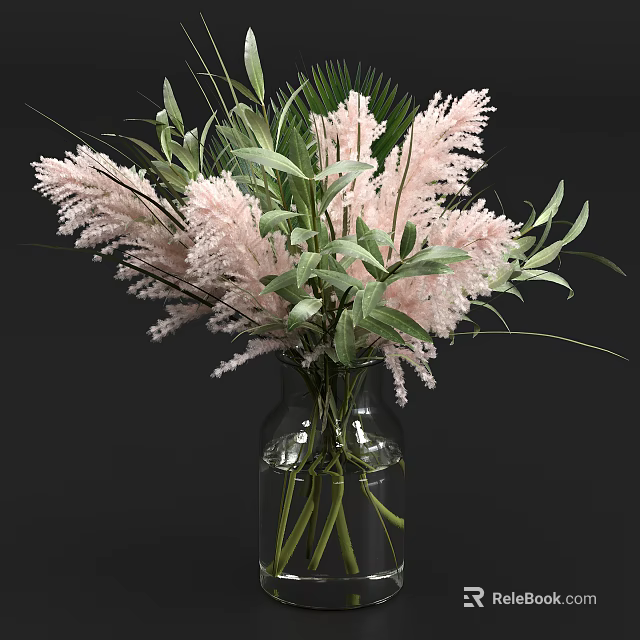 Transparent Glass Vase With Pink Flowers And Fresh Green Leaves 3d model 