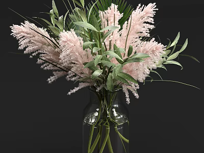 Transparent Glass Vase With Pink Flowers And Fresh Green Leaves 3d model