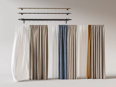 Curtains In Various Colors With Curtain Rods For Home Interior Decor 3d model