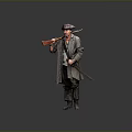 Man in long historical coat with tricorn hat holding musket and sword