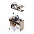 Wooden Home Office Desk and Chair Set with Laptop Lamp and Wall Mounted Bookshelf