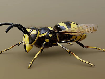 Detailed Close Up of Black and Yellow Striped Flying Insect with Transparent Wings 3d model