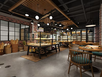 Warm Dessert Shop Interior With Wooden Ceiling Pendant Lights Bread And Pastry Display Cases 3d model