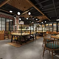 Warm Dessert Shop Interior With Wooden Ceiling Pendant Lights Bread And Pastry Display Cases