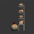 Decorative Ceramic Pots and Vases on Multi Layer Wooden Shelf with Colorful Patterns