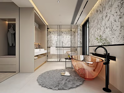 Elegant Modern Bathroom With Transparent Bathtub Gray Rug Patterned Wallpaper White Vanity And Recessed Lighting 3d model