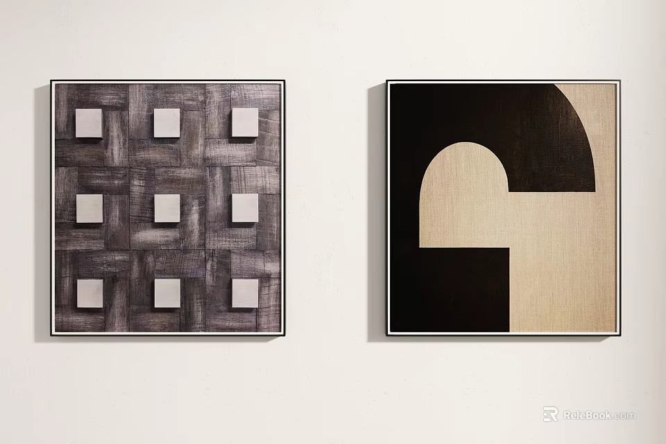 Abstract Wall Paintings on White Wall with Gray Grid Squares and Black Beige Geometric Shapes 3d model 