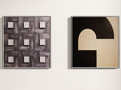 Abstract Wall Paintings on White Wall with Gray Grid Squares and Black Beige Geometric Shapes 3d model