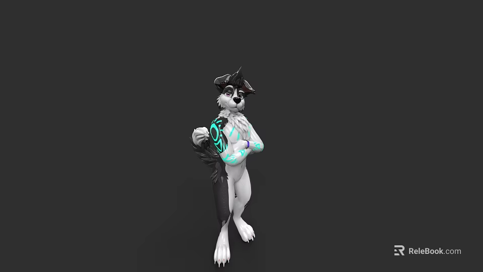3D Anthropomorphic Animal Character With Black White Fur And Blue Glowing Patterns Standing Arms Crossed 3d model 