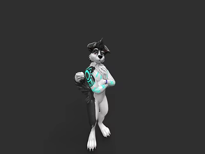 3D Anthropomorphic Animal Character With Black White Fur And Blue Glowing Patterns Standing Arms Crossed 3d model