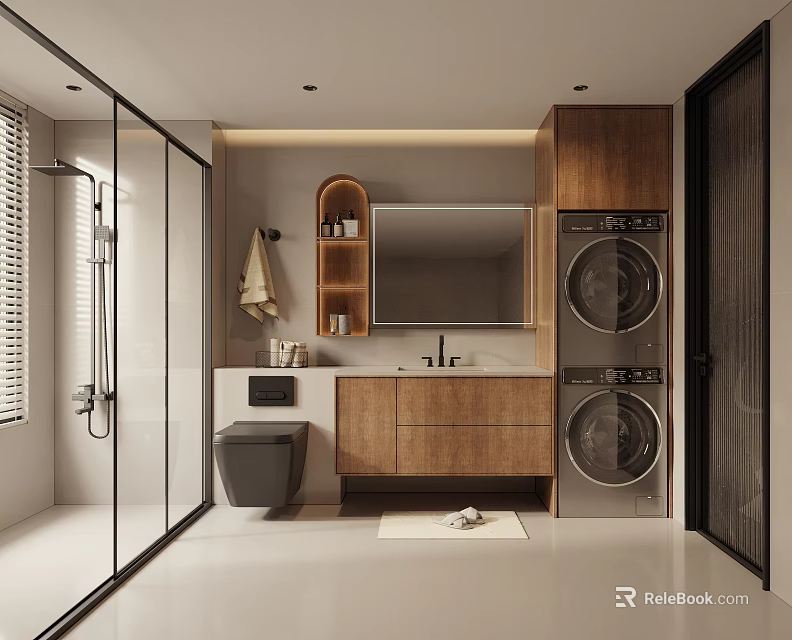 Modern Bathroom Interior With Glass Shower Wooden Cabinets Mirror And Washer Dryer Stack 3d model 
