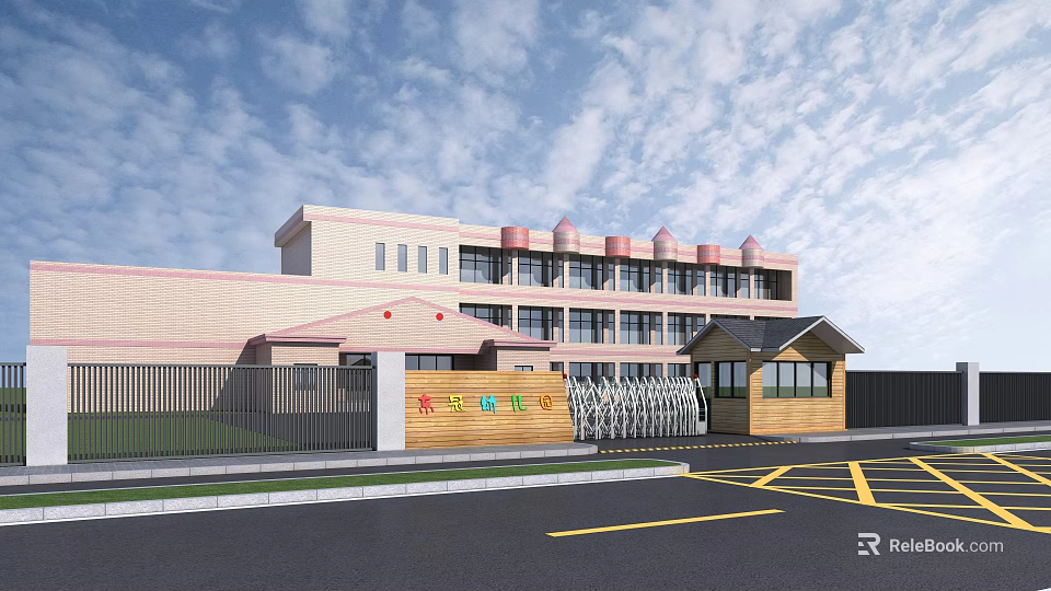 Multi story School Building With Pink Beige Exterior Windows Entrance Gate And Blue Sky 3d model 
